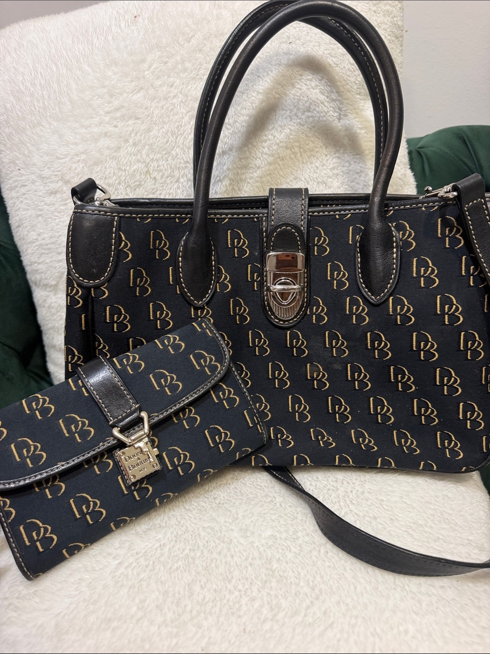 Dooney & Bourke Black & Gold Logo Satchel with Matching Wallet